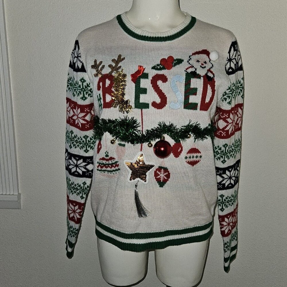 BLESSED Ugly Christmas Sweater Junior's Medium 7-9 Ornament Bells Garland Tassel